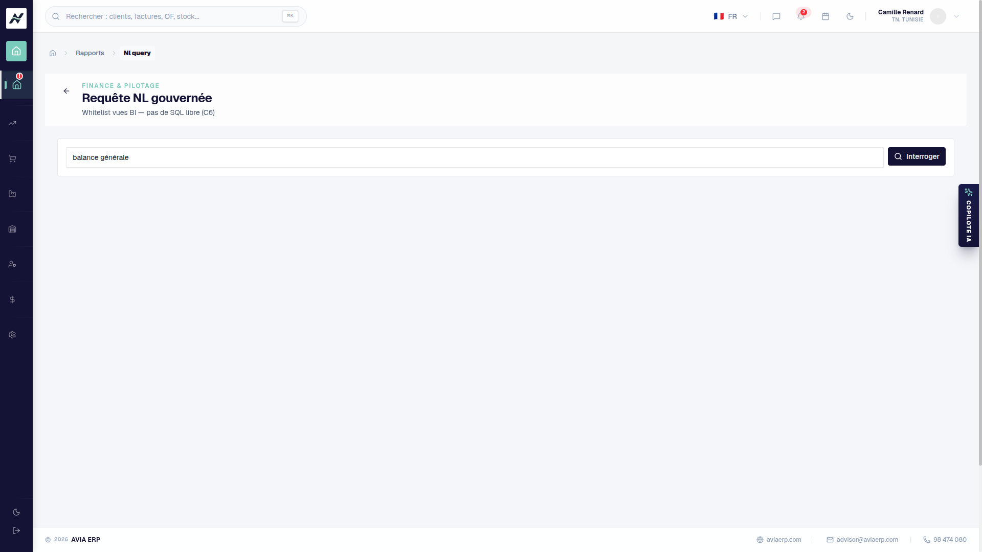 Interface requêtes en langage naturel et copilote IA AVIA ERP