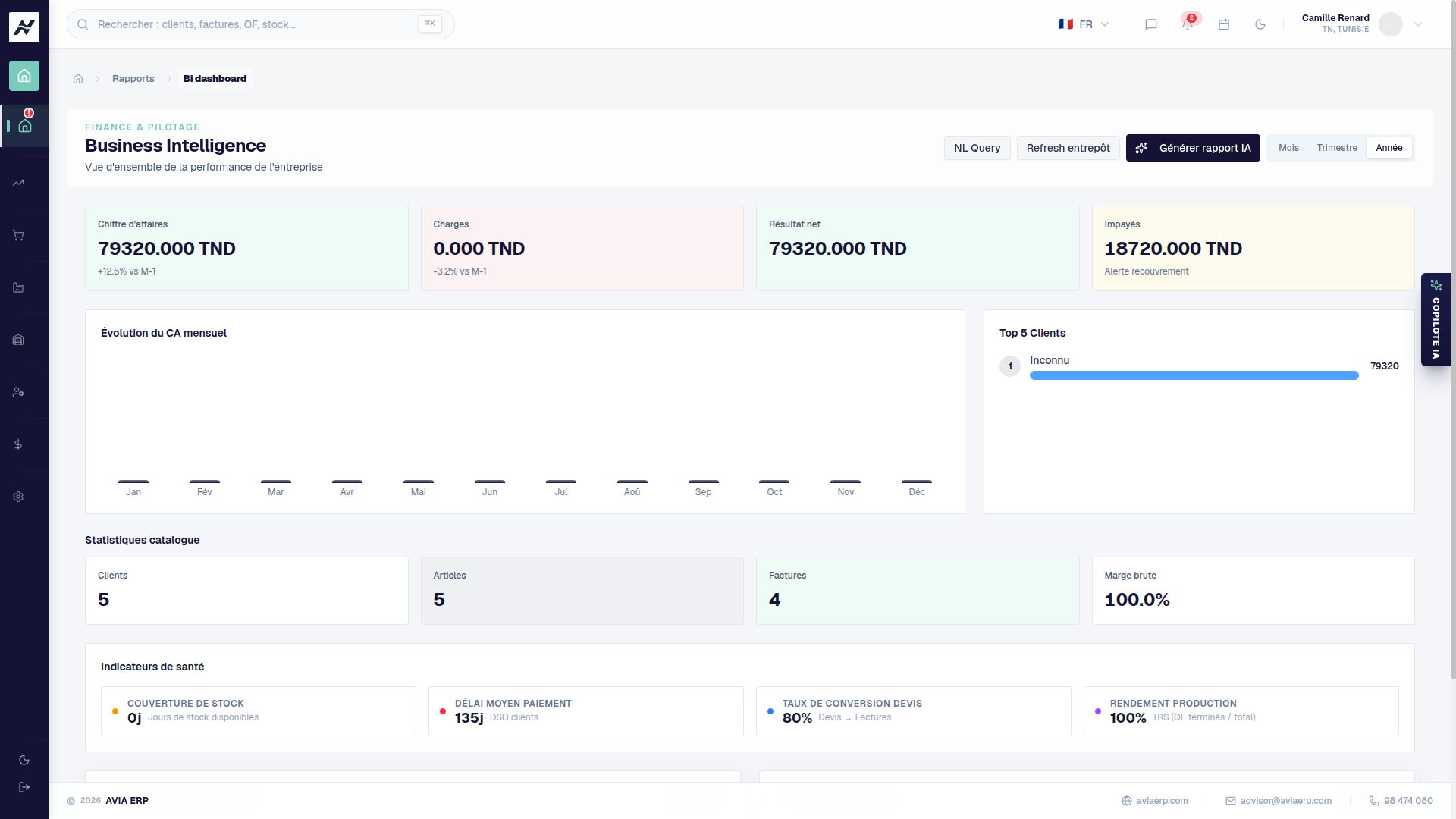 Dashboard BI avec graphiques et indicateurs financiers