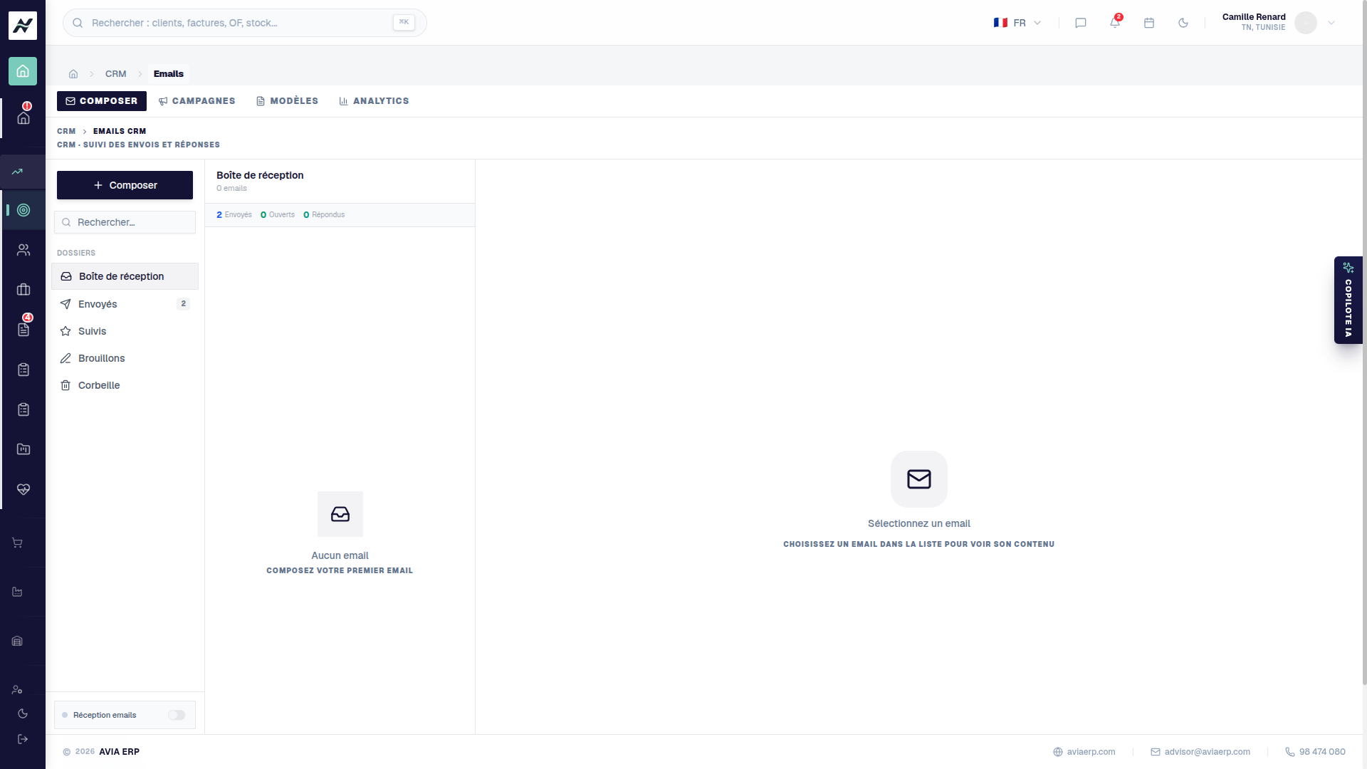 Hub CRM et campagnes email AVIA ERP