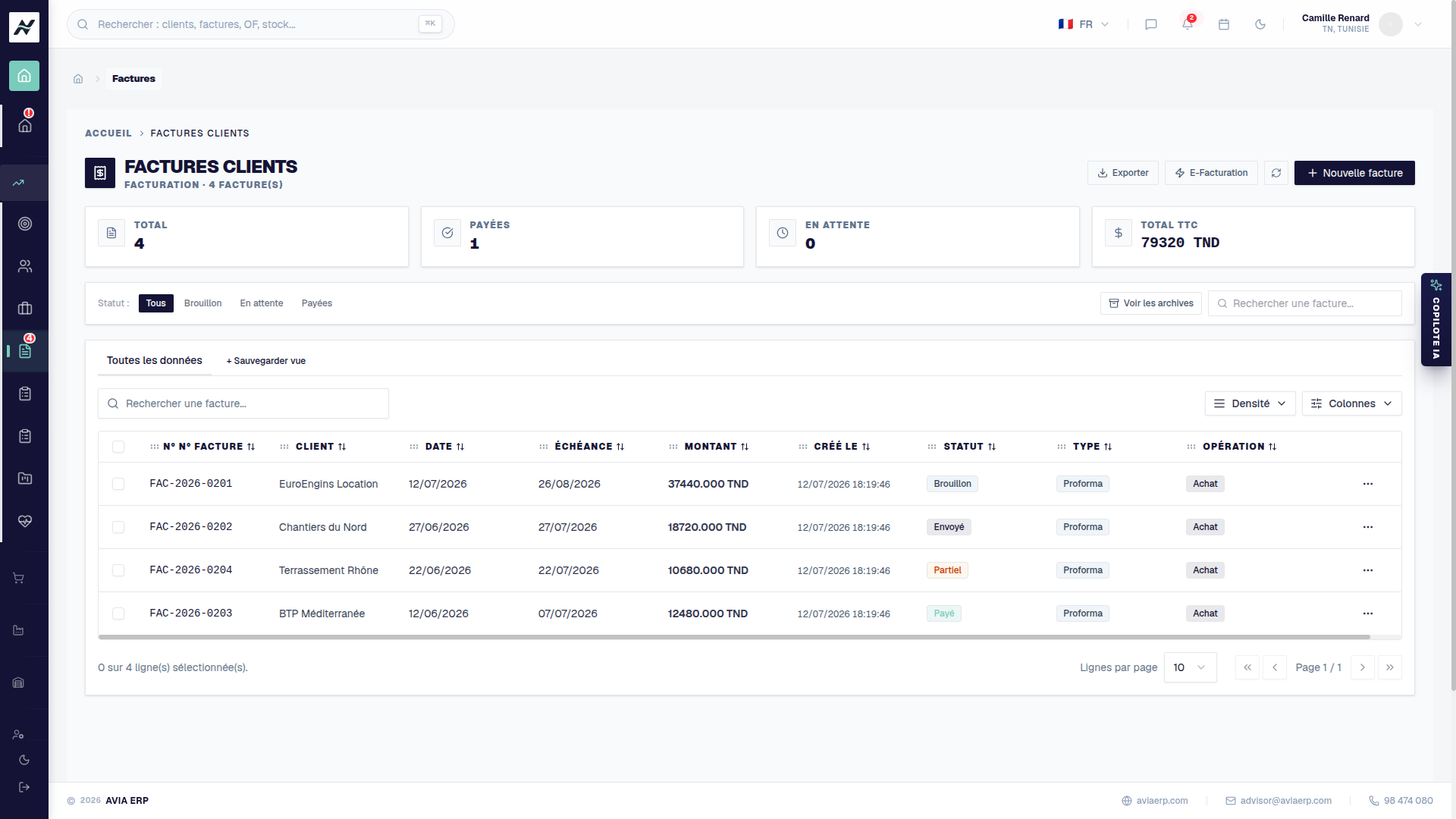 Liste des factures clients avec statuts de paiement