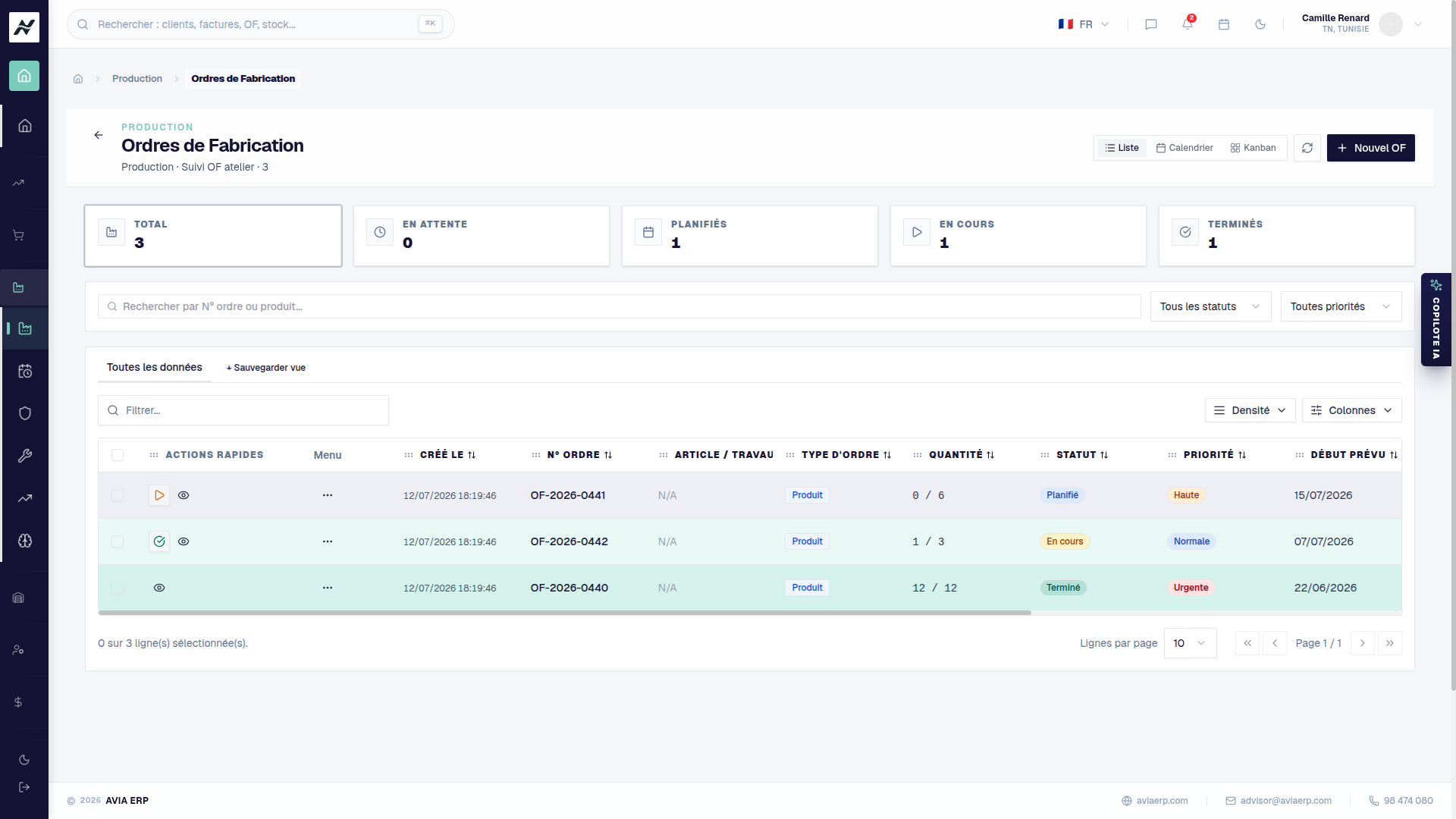 Ordres de fabrication avec statuts planifié, en cours et terminé